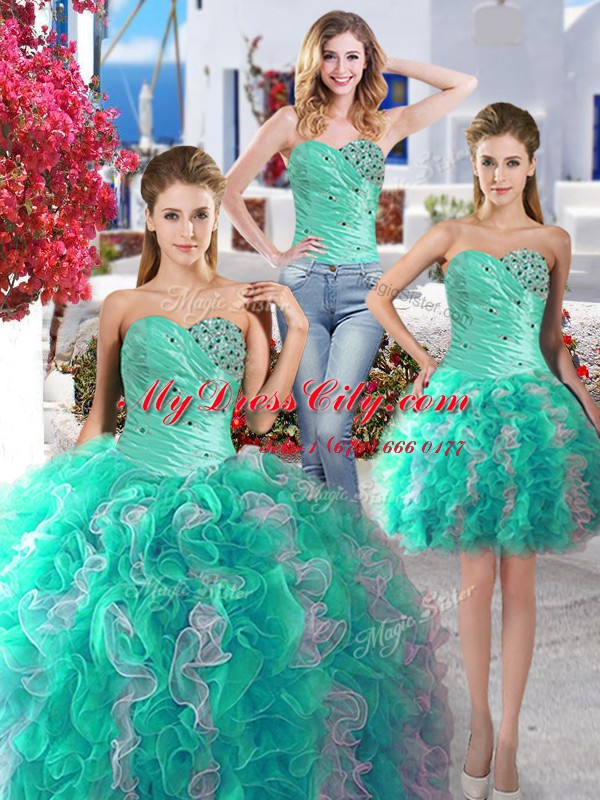 Three Piece White and Turquoise Ball Gowns Beading Quince Ball Gowns Lace Up Organza Sleeveless