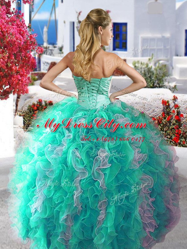 Three Piece White and Turquoise Ball Gowns Beading Quince Ball Gowns Lace Up Organza Sleeveless