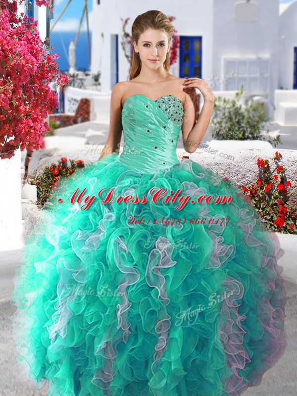 Three Piece White and Turquoise Ball Gowns Beading Quince Ball Gowns Lace Up Organza Sleeveless