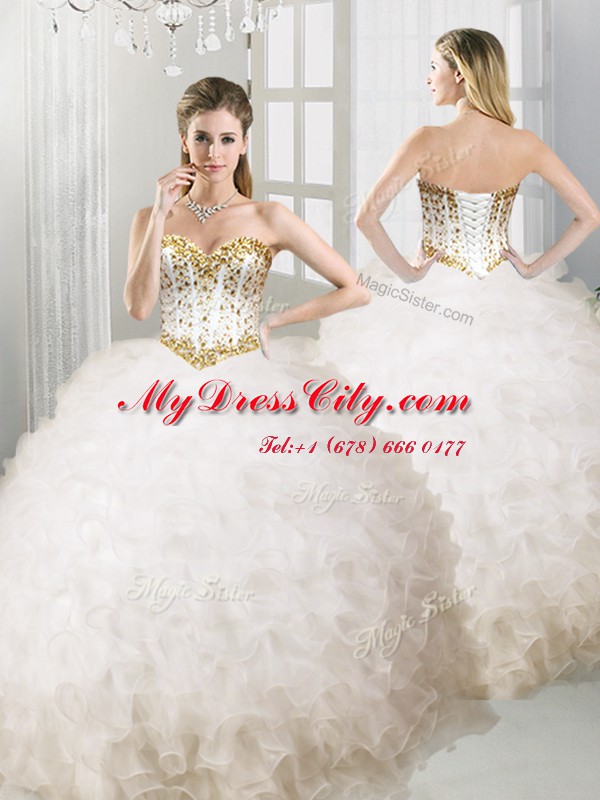 Amazing White Sleeveless Ruffles Floor Length Quinceanera Dress with Jewelry