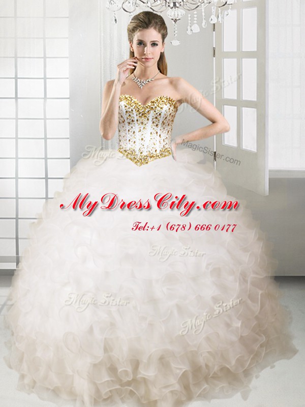 Amazing White Sleeveless Ruffles Floor Length Quinceanera Dress with Jewelry