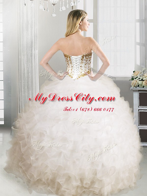 Amazing White Sleeveless Ruffles Floor Length Quinceanera Dress with Jewelry