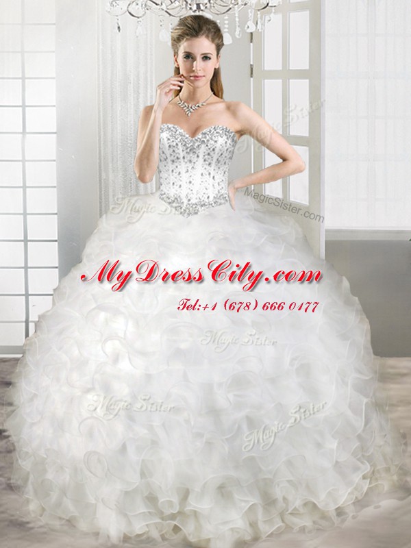 Amazing White Sleeveless Ruffles Floor Length Quinceanera Dress with Jewelry