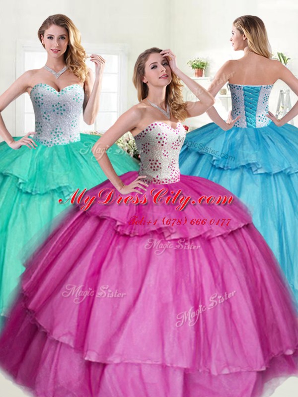 Beading and Ruffled Layers Sweet 16 Dresses Fuchsia Lace Up Sleeveless Floor Length