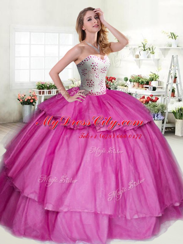 Beading and Ruffled Layers Sweet 16 Dresses Fuchsia Lace Up Sleeveless Floor Length