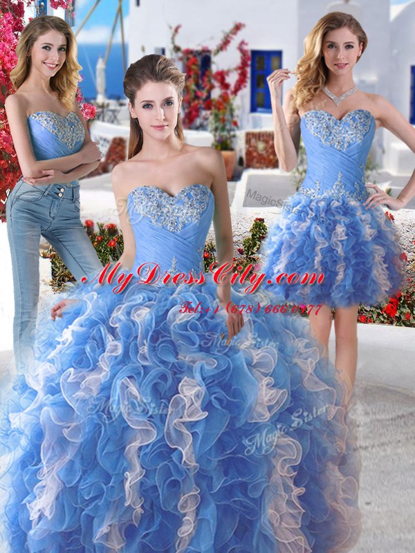 Three Piece Blue And White Sleeveless Organza Lace Up Quince Ball Gowns for Military Ball and Sweet 16 and Quinceanera