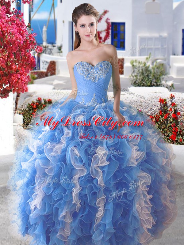 Three Piece Blue And White Sleeveless Organza Lace Up Quince Ball Gowns for Military Ball and Sweet 16 and Quinceanera