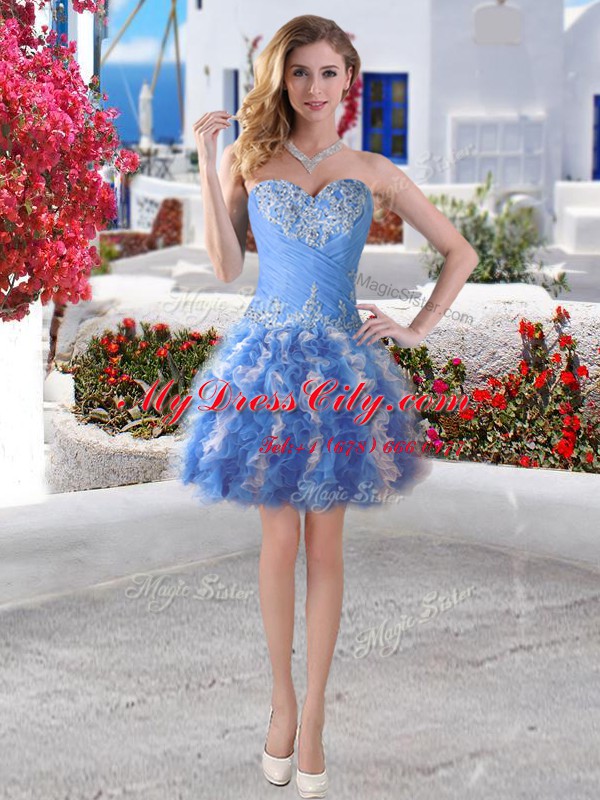 Three Piece Blue And White Sleeveless Organza Lace Up Quince Ball Gowns for Military Ball and Sweet 16 and Quinceanera