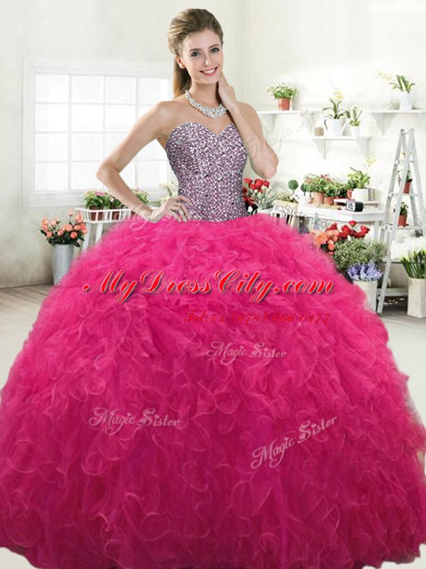 Excellent Hot Pink Sweetheart Neckline Beading and Ruffles Quinceanera Dress Sleeveless Lace Up