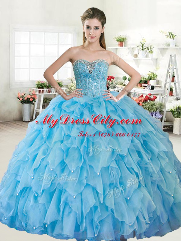 Great Baby Blue Sleeveless Floor Length Beading Lace Up 15th Birthday Dress