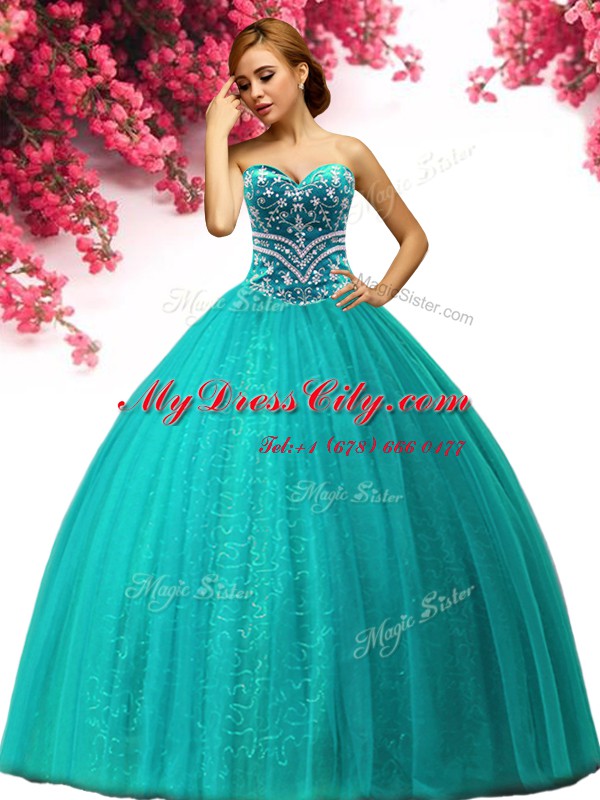 Traditional Turquoise Tulle Lace Up Sweetheart Sleeveless Floor Length Sweet 16 Dresses Beading