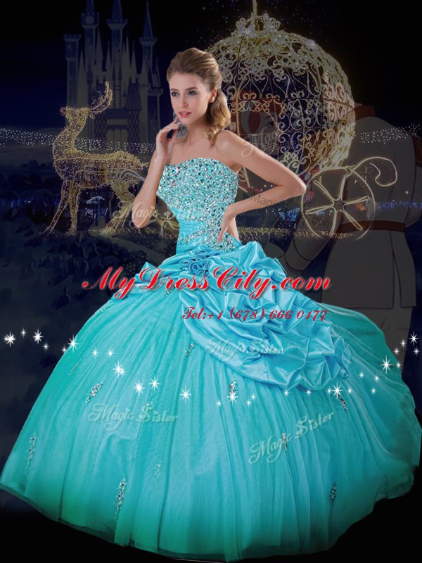 Charming Blue Ball Gowns Taffeta and Tulle Strapless Sleeveless Beading and Pick Ups Floor Length Lace Up Ball Gown Prom Dress