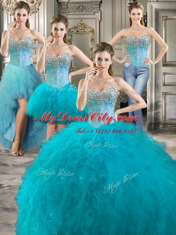 Cheap Four Piece Aqua Blue Sweetheart Neckline Beading and Ruffles Sweet 16 Dress Sleeveless Lace Up