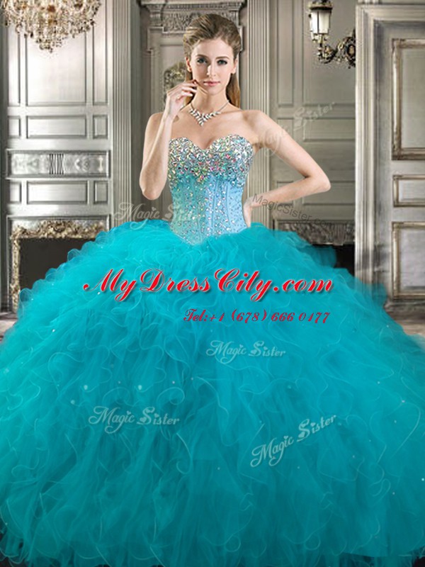 Cheap Four Piece Aqua Blue Sweetheart Neckline Beading and Ruffles Sweet 16 Dress Sleeveless Lace Up