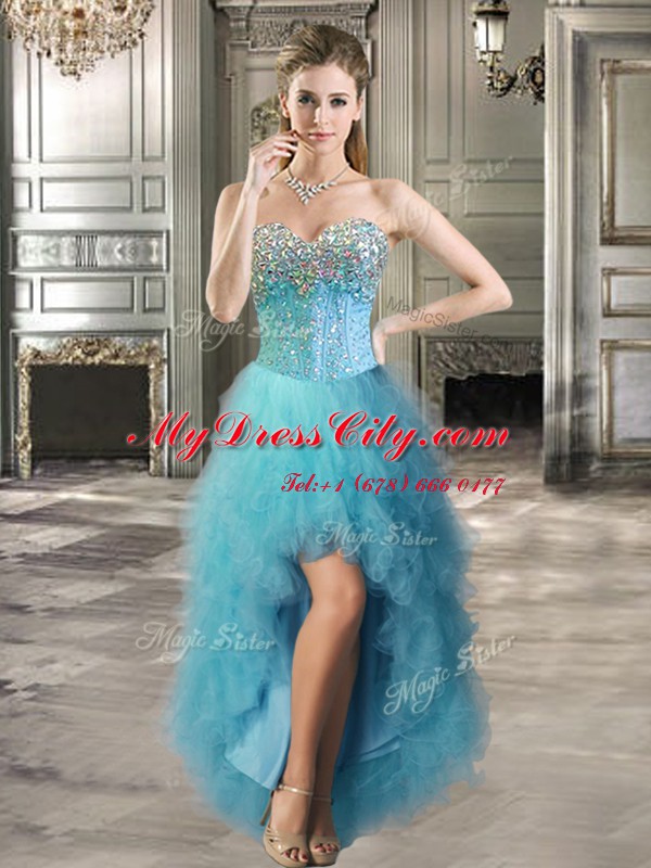 Cheap Four Piece Aqua Blue Sweetheart Neckline Beading and Ruffles Sweet 16 Dress Sleeveless Lace Up