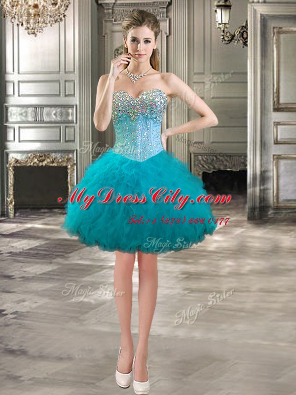 Cheap Four Piece Aqua Blue Sweetheart Neckline Beading and Ruffles Sweet 16 Dress Sleeveless Lace Up