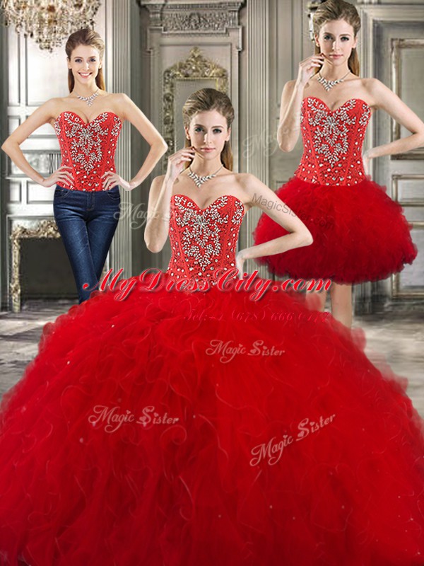 Lovely Three Piece Floor Length Ball Gowns Sleeveless Red Quinceanera Dress Lace Up