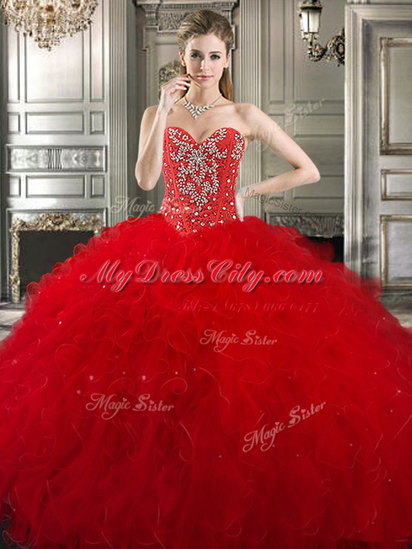 Lovely Three Piece Floor Length Ball Gowns Sleeveless Red Quinceanera Dress Lace Up