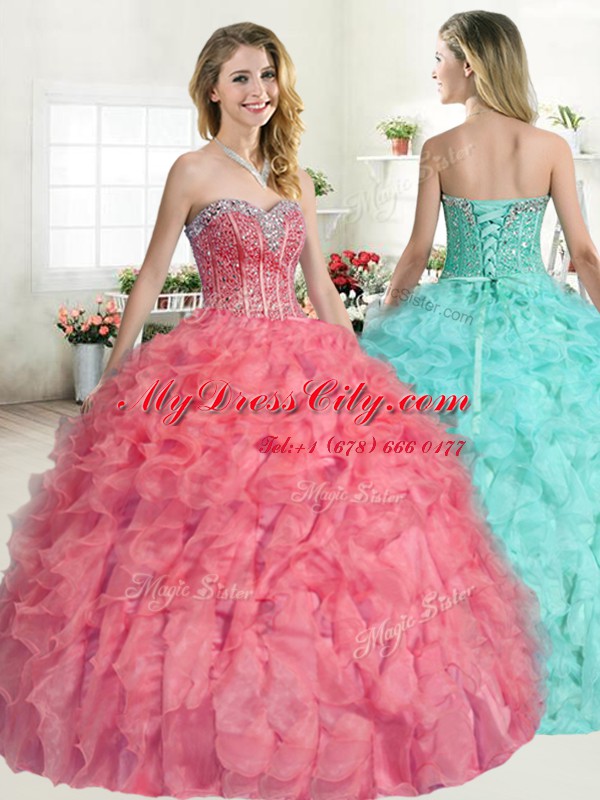 Organza Sleeveless Floor Length Sweet 16 Dress and Beading and Ruffles