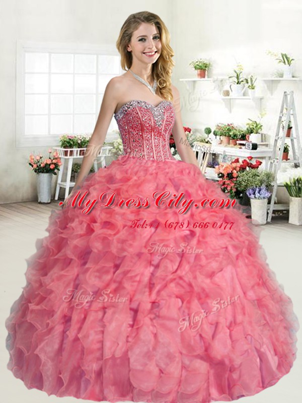 Organza Sleeveless Floor Length Sweet 16 Dress and Beading and Ruffles