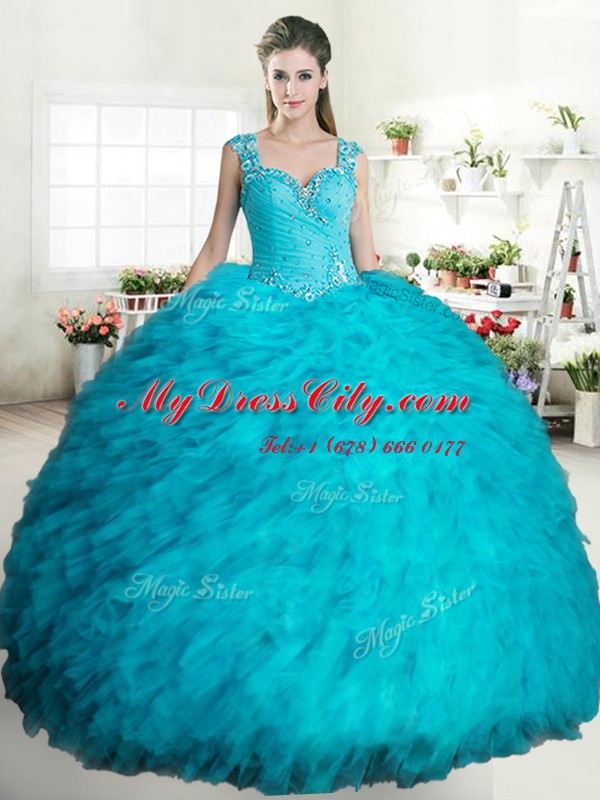 Straps Sleeveless Tulle Quince Ball Gowns Beading and Ruffles Zipper