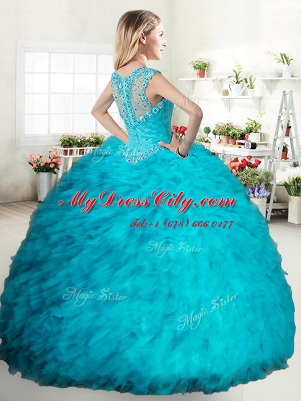 Straps Sleeveless Tulle Quince Ball Gowns Beading and Ruffles Zipper