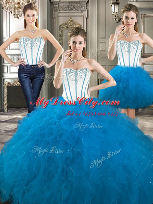 Comfortable Three Piece Embroidery and Ruffles 15 Quinceanera Dress Baby Blue Lace Up Sleeveless Floor Length