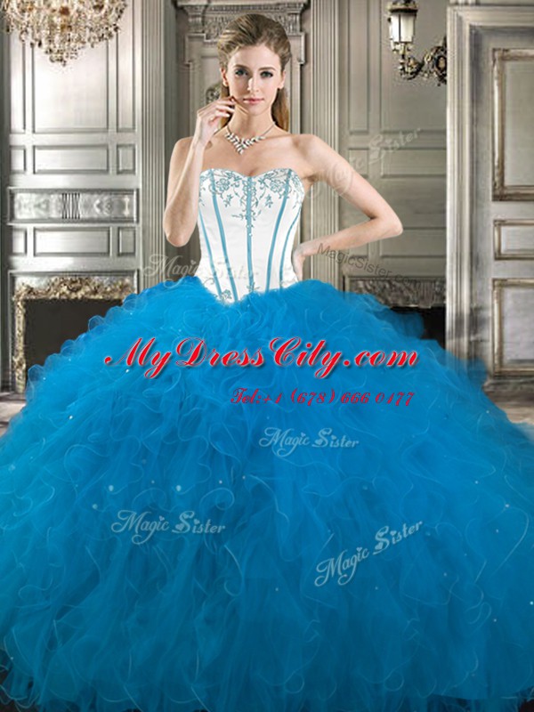 Comfortable Three Piece Embroidery and Ruffles 15 Quinceanera Dress Baby Blue Lace Up Sleeveless Floor Length