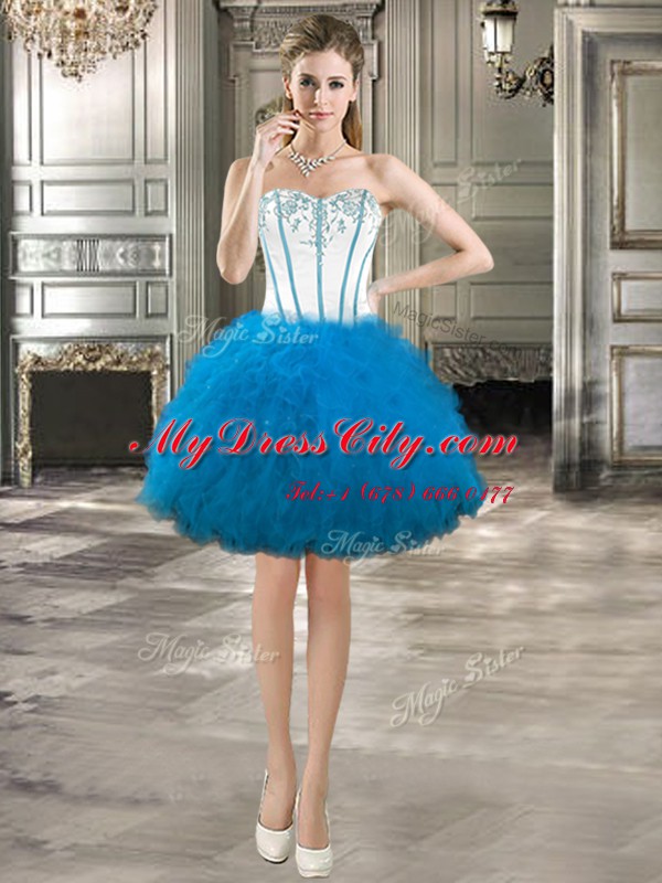 Comfortable Three Piece Embroidery and Ruffles 15 Quinceanera Dress Baby Blue Lace Up Sleeveless Floor Length