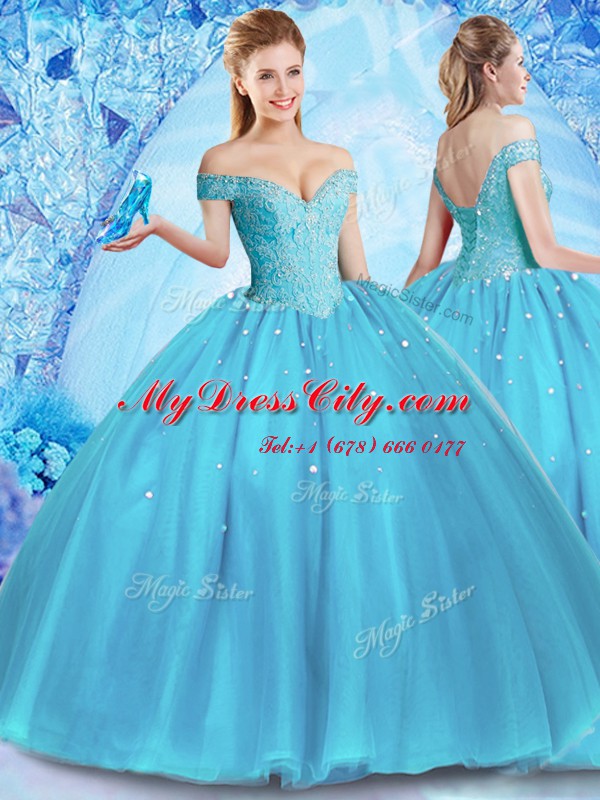 Captivating Floor Length Baby Blue Quinceanera Gowns Off The Shoulder Sleeveless Lace Up