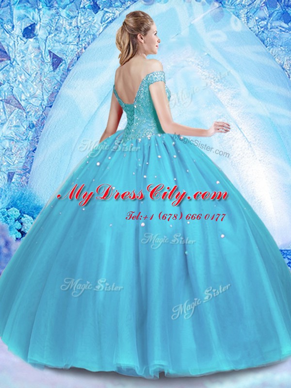 Captivating Floor Length Baby Blue Quinceanera Gowns Off The Shoulder Sleeveless Lace Up