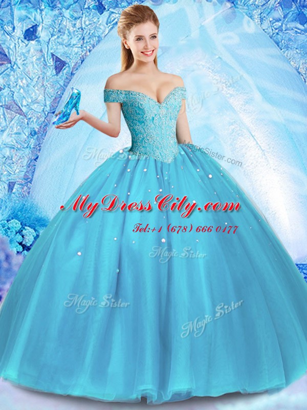 Captivating Floor Length Baby Blue Quinceanera Gowns Off The Shoulder Sleeveless Lace Up