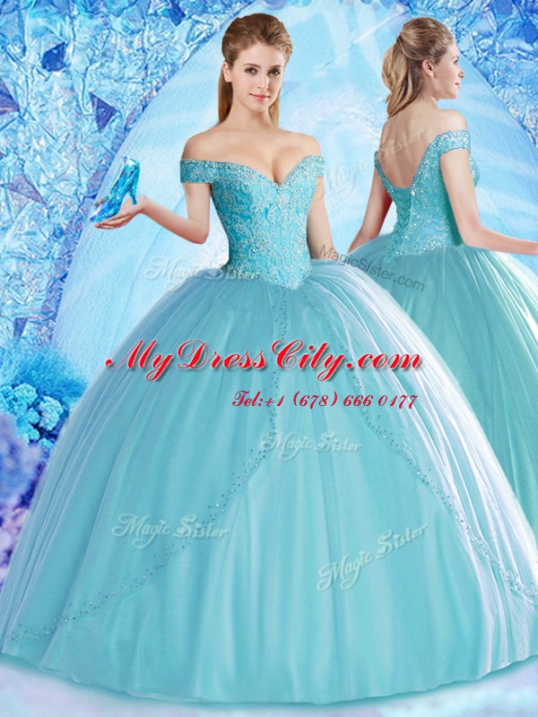 Off the Shoulder Aqua Blue Tulle Lace Up Sweet 16 Dress Sleeveless Floor Length Beading