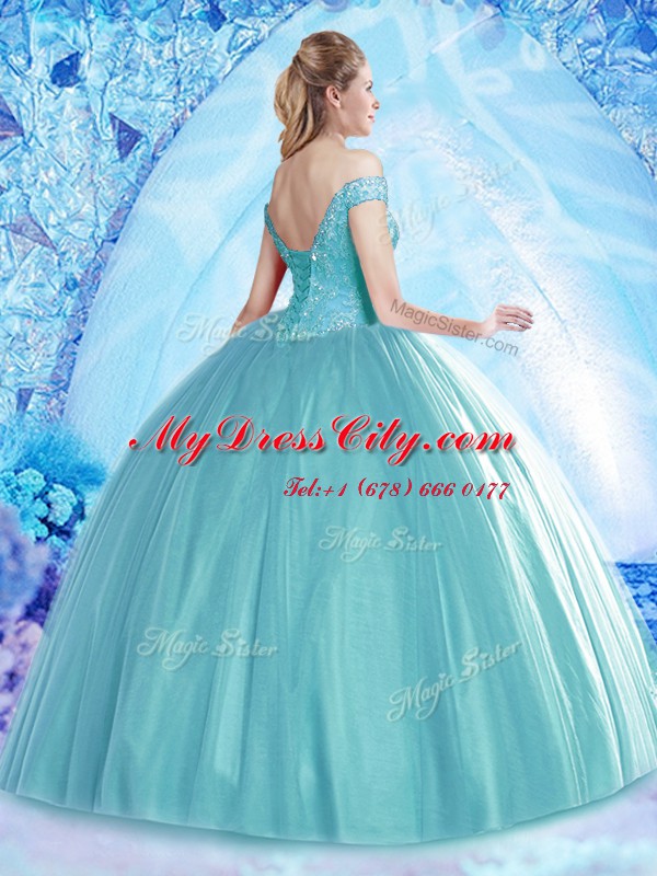 Off the Shoulder Aqua Blue Tulle Lace Up Sweet 16 Dress Sleeveless Floor Length Beading