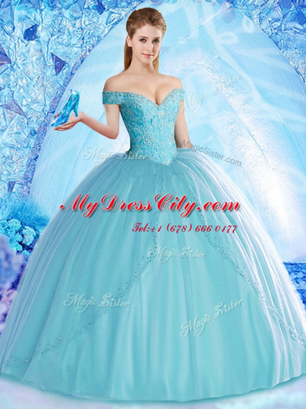 Off the Shoulder Aqua Blue Tulle Lace Up Sweet 16 Dress Sleeveless Floor Length Beading