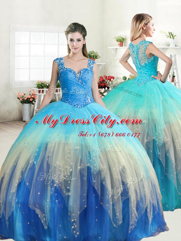 High End Straps Beading and Ruffles Quinceanera Gown Multi-color Zipper Sleeveless Floor Length