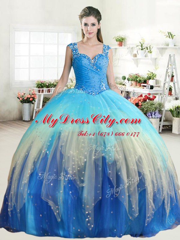 High End Straps Beading and Ruffles Quinceanera Gown Multi-color Zipper Sleeveless Floor Length