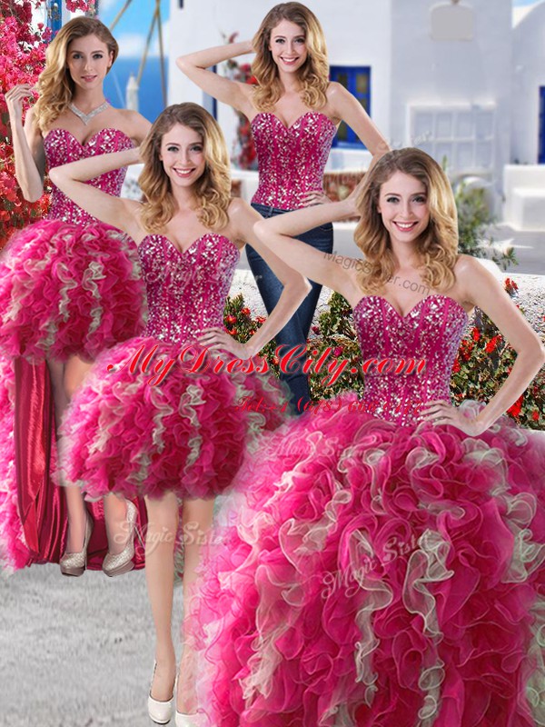 Spectacular Four Piece Hot Pink Sleeveless Beading Floor Length Quinceanera Dress