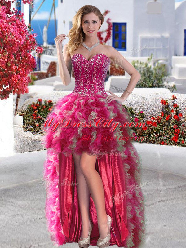 Spectacular Four Piece Hot Pink Sleeveless Beading Floor Length Quinceanera Dress