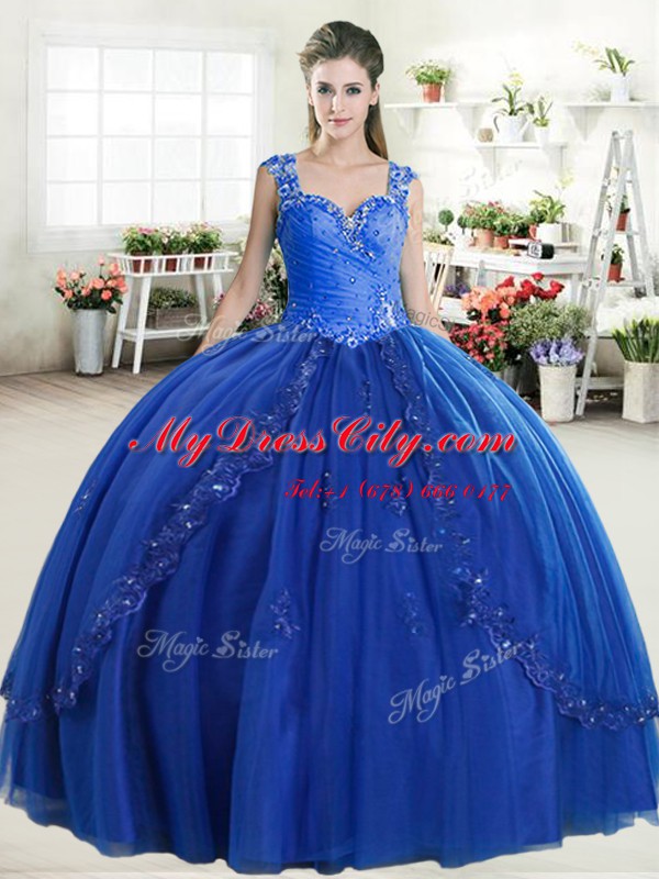 Royal Blue Organza Zipper Sweetheart Sleeveless Floor Length Sweet 16 Quinceanera Dress Beading