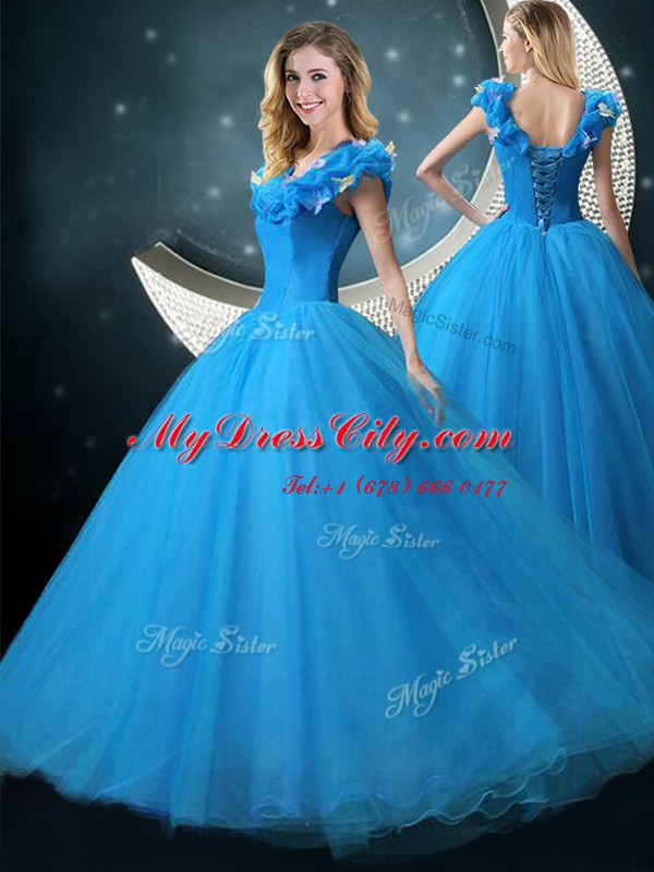 Appliques 15 Quinceanera Dress Blue Lace Up Cap Sleeves Floor Length