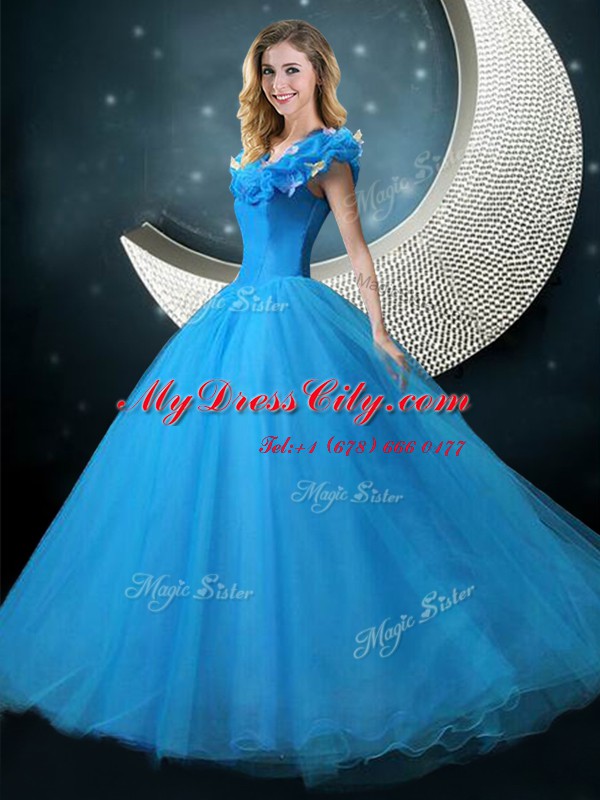 Appliques 15 Quinceanera Dress Blue Lace Up Cap Sleeves Floor Length