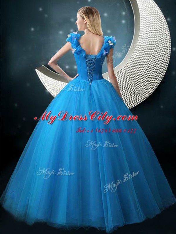 Appliques 15 Quinceanera Dress Blue Lace Up Cap Sleeves Floor Length