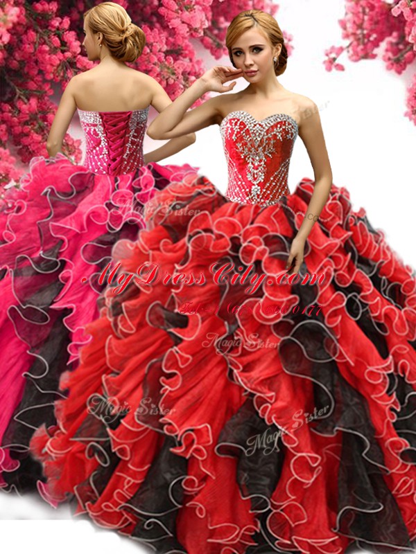 Fantastic Floor Length Red And Black Sweet 16 Dress Organza Sleeveless Beading and Ruffles