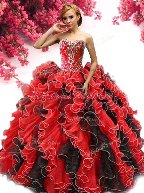 Fantastic Floor Length Red And Black Sweet 16 Dress Organza Sleeveless Beading and Ruffles