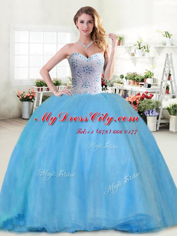 Classical Baby Blue Sleeveless Beading Floor Length Quince Ball Gowns