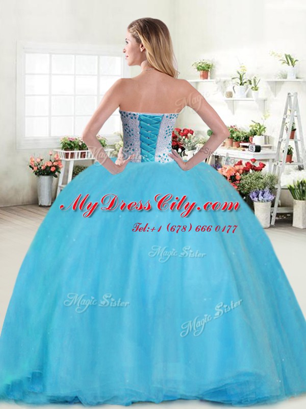 Classical Baby Blue Sleeveless Beading Floor Length Quince Ball Gowns