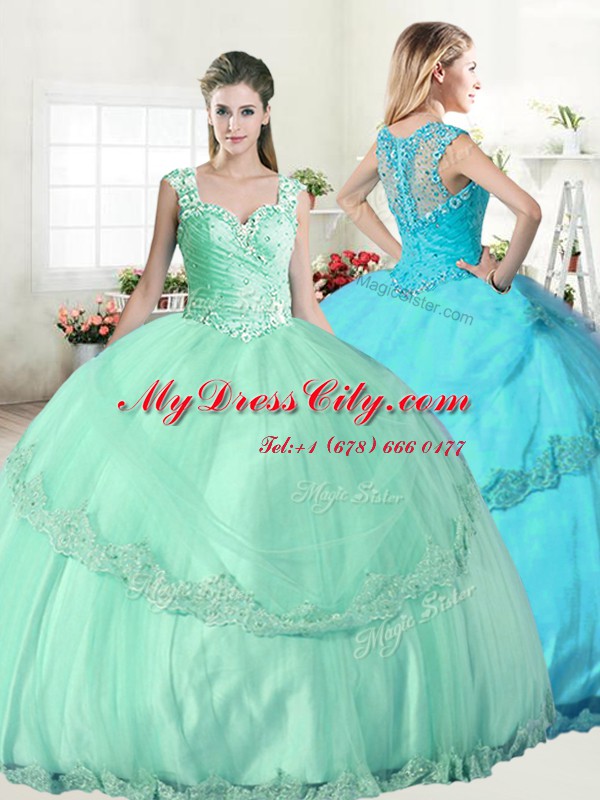 High Class Straps Sleeveless Beading and Lace and Appliques Lace Up 15th Birthday Dress