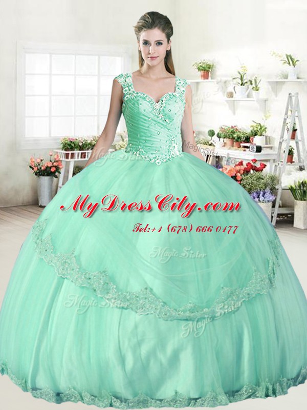 High Class Straps Sleeveless Beading and Lace and Appliques Lace Up 15th Birthday Dress