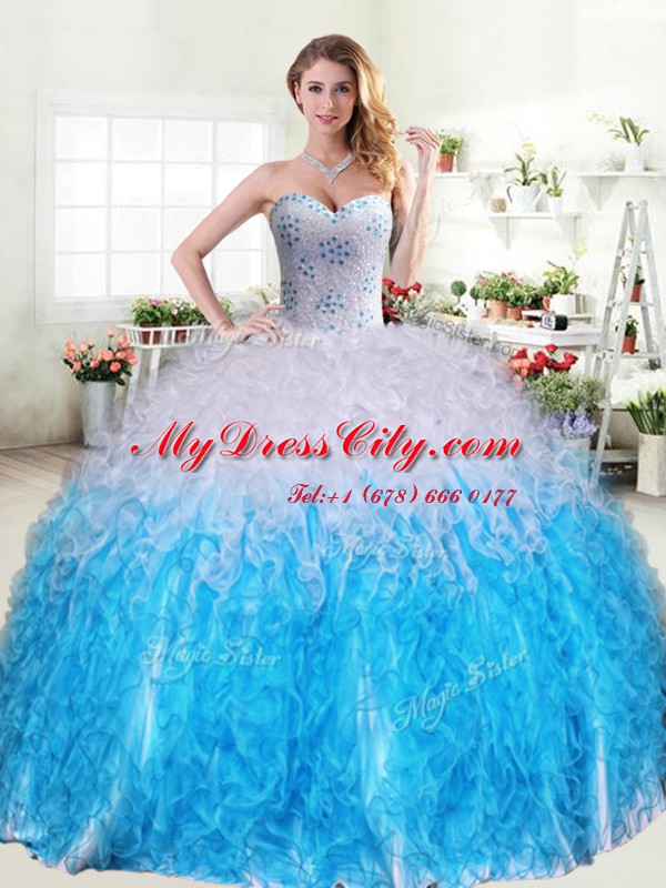 Pretty Blue And White Ball Gowns Beading and Ruffles Ball Gown Prom Dress Lace Up Organza Sleeveless Floor Length